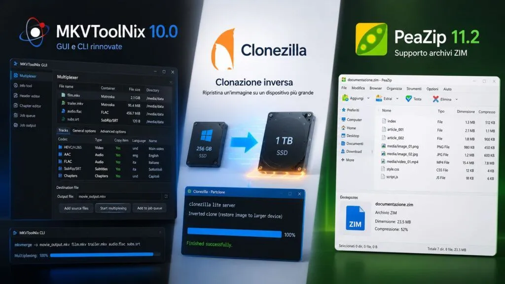 MKVToolNix 10.0, Clonezilla 3.3.3 e PeaZip 11.2 aggiornano l’open source