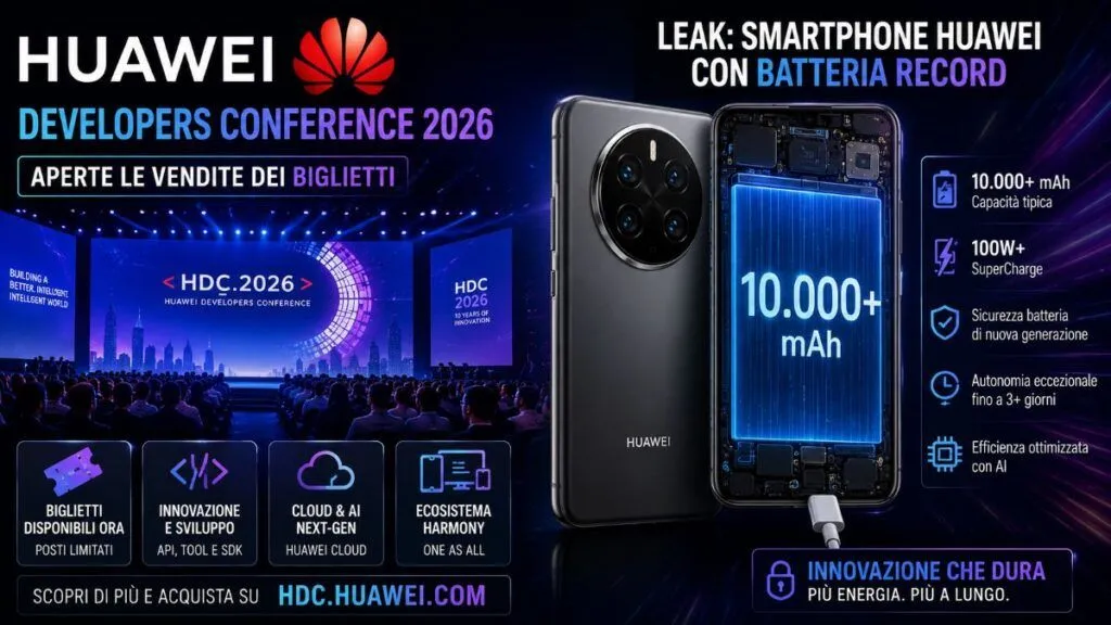 Huawei prepara HDC 2026 e smartphone con batteria oltre 10.000 mAh