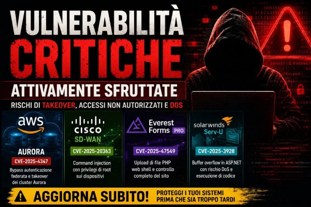 Vulnerabilità critiche sfruttate attivamente colpiscono AWS, Cisco, WordPress e SolarWinds