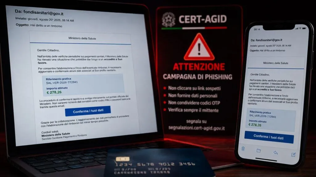 Falso rimborso sanitario da 278 euro: phishing ruba identità e carte fingendosi il Ministero