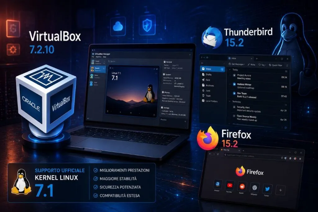 VirtualBox 7.2.10 e Mozilla 15.2 rafforzano Linux, Gmail e navigazione
