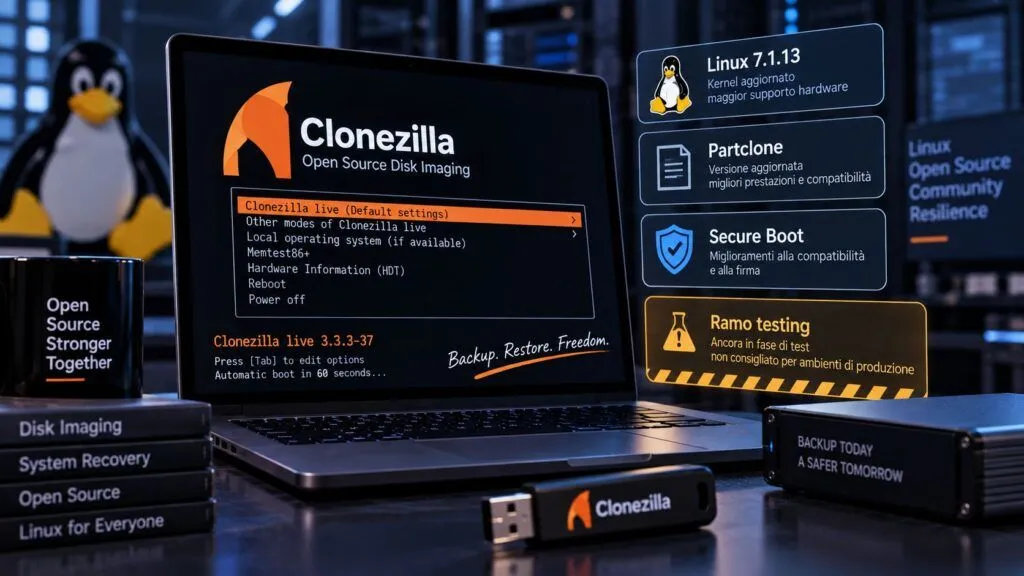 Clonezilla Live 3.3.3-37 passa a Linux 7.1.13, ma resta ancora nel ramo testing