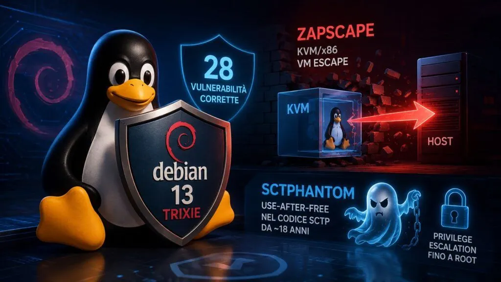 Debian 13 corregge Zapscape, SCTPhantom e altre 26 falle del kernel