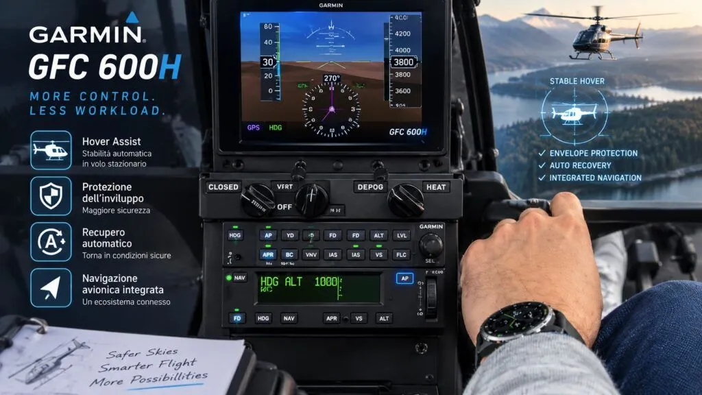 Garmin GFC 600H automatizza l’elicottero tra hover assist e recupero automatico