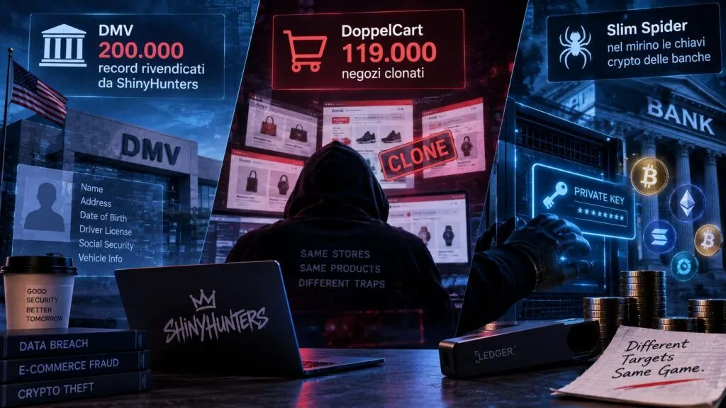 ShinyHunters punta ai dati DMV, DoppelCart clona 119.000 negozi e Slim Spider ruba wallet