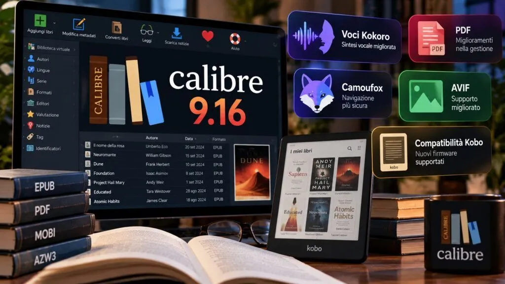 Calibre 9.16 migliora Read Aloud e PDF con voci Kokoro più naturali