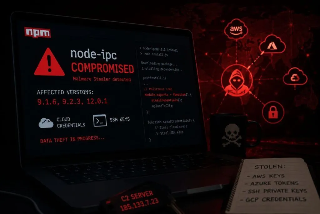 node-ipc compromesso su npm con backdoor stealer che ruba credenziali cloud e SSH