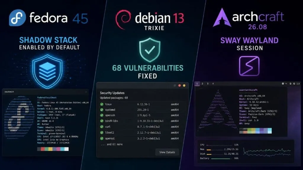 Fedora 45 abilita Shadow Stack, Debian 13 corregge 68 falle nel kernel