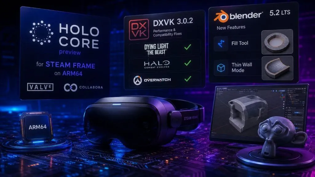 Holo Core porta Arch Linux su Steam Frame, DXVK e Blender maturano su Linux