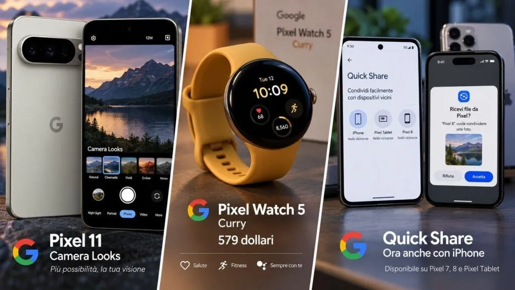 Pixel 11 amplia Camera Looks, Pixel Watch 5 Curry debutta e Quick Share arriva sui vecchi Pixel