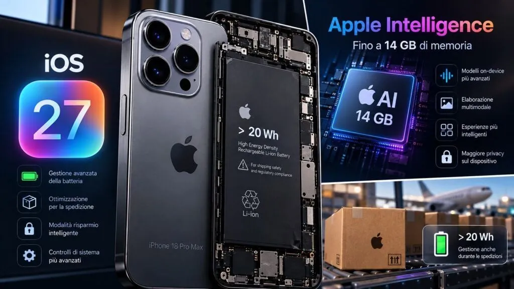 iOS 27 fa salire Apple Intelligence a 14 GB e gestisce la batteria oltre 20 Wh