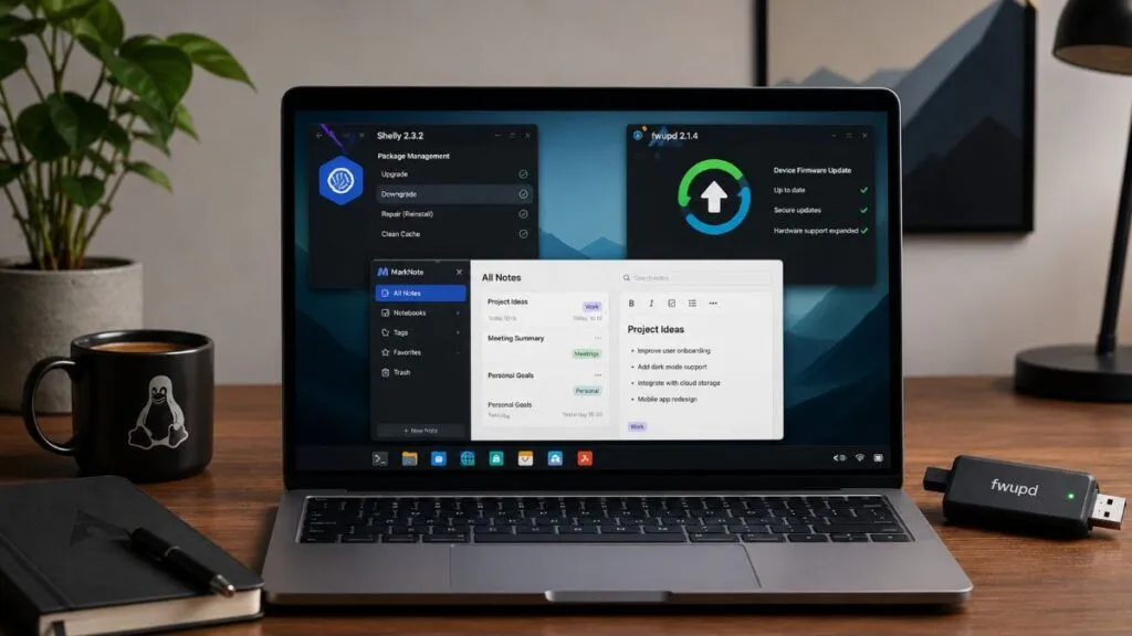 Shelly 2.3.2, MarkNote 1.6 e fwupd 2.1.4 migliorano gestione pacchetti, note e firmware Linux