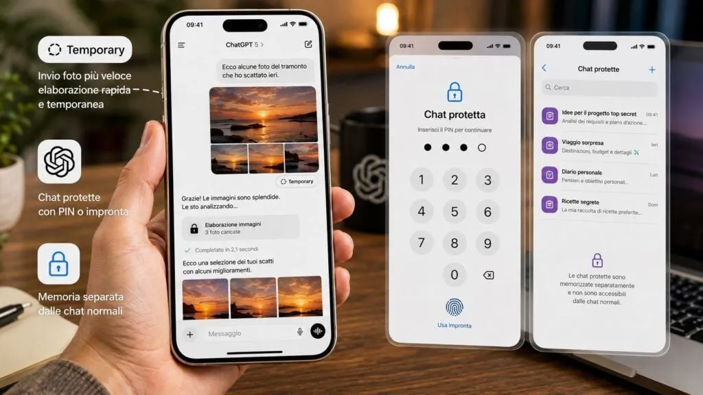 ChatGPT accelera le foto su iPhone e prepara chat bloccate con PIN e impronta