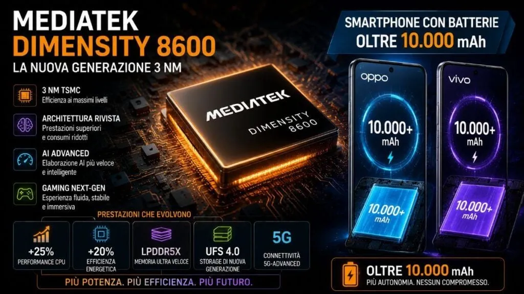 MediaTek Dimensity 8600 a 3 nm: architettura nuova per batterie oltre 10.000 mAh