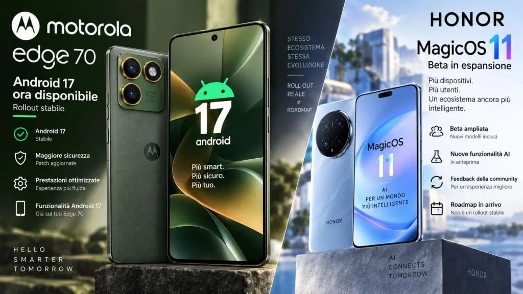 Android 17 arriva su Motorola Edge 70, Honor apre MagicOS 11 a decine di modelli