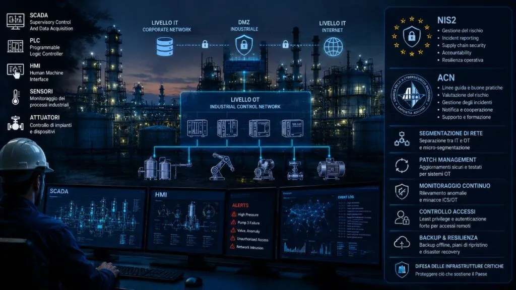 Sicurezza industriale ICS/OT: guida a SCADA, PLC, NIS2 e infrastrutture critiche