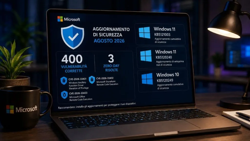 Patch Tuesday agosto 2026 corregge 400 falle e tre zero-day su Windows