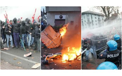 Askatasuna scontri tra manifestanti e polizia al corteo di Torino Cassonetti dati alle fiamme agenti usano idranti